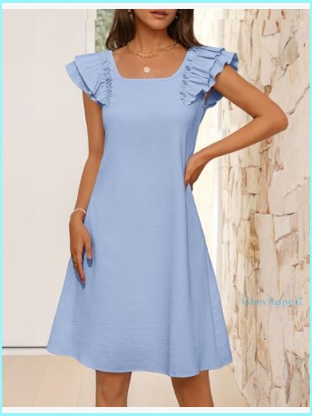 Ruffle Sleeve Square Neck Mini Dress with Pockets Casual Shift Sundress - Picture 3 of 7